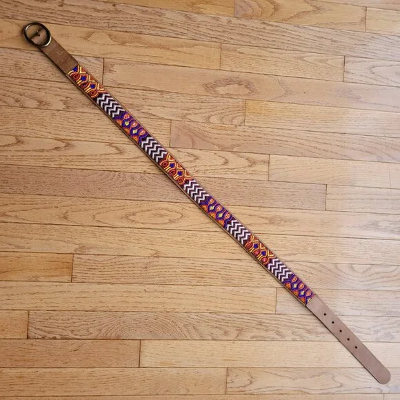 Lucky Brand Multi Embroidered Aztec Boho 100% Leather Belt Brown - Picture 4 of 16